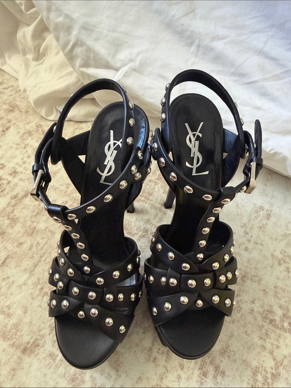 Saint Laurent Black Leather Studded Wrap High Heels